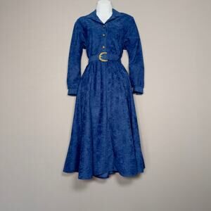 EJM Petites Vintage 80s Blue Velour Long Sleeve Belted Midi Dress  Size 8